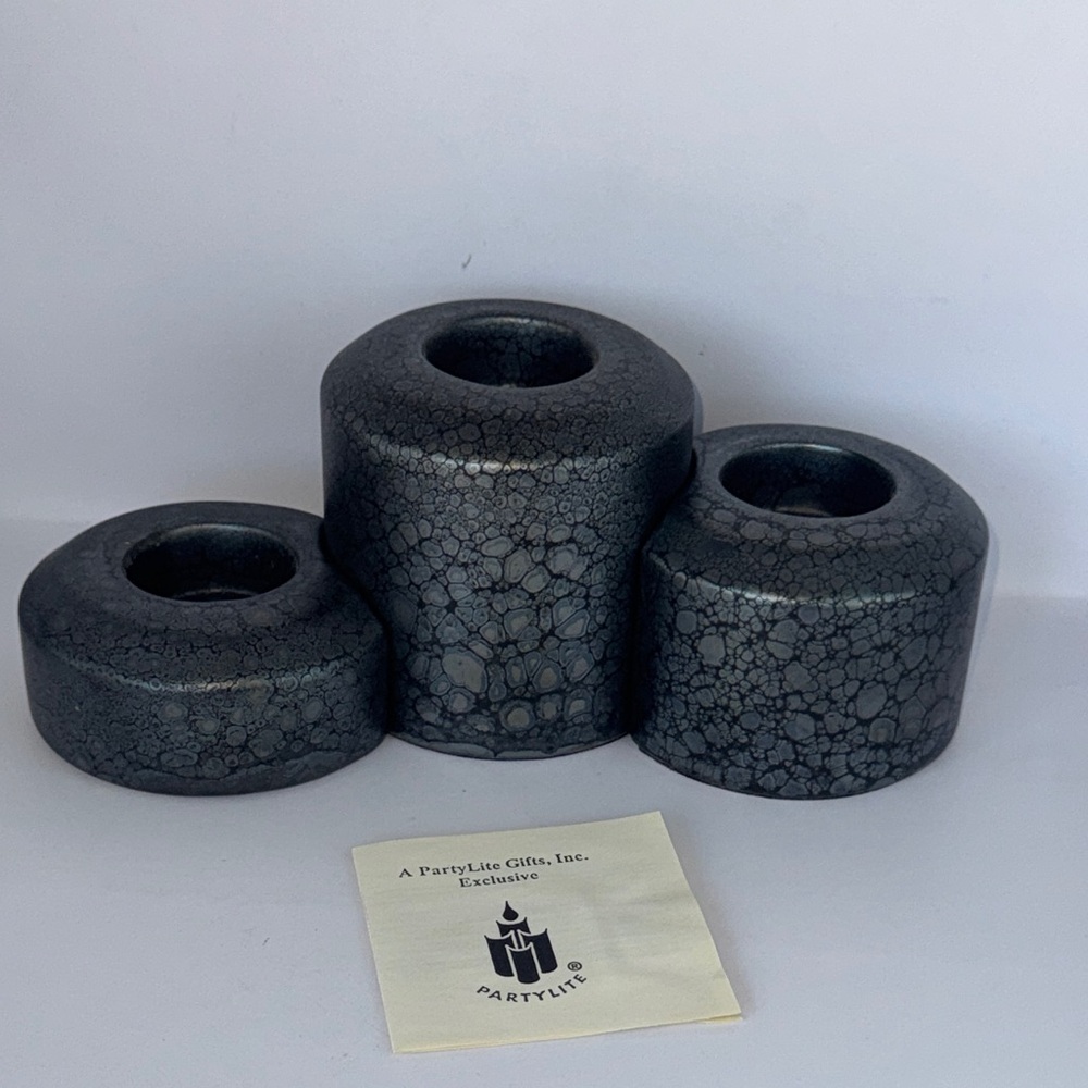 PartyLite Stepping stones Textured Black Candle Holders Trio